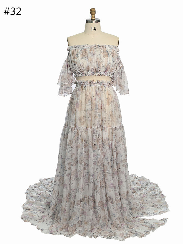 Elegant floral photoshoot dress chiffon print 2 piece set maxi dress designed for women photography and styled photo shoot sessions