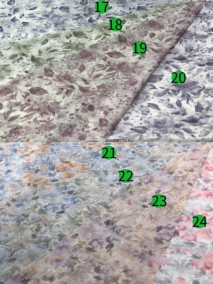 Custom colors of chiffon floral print detail on photoshoot dress showing soft elegant fabric texture and pattern