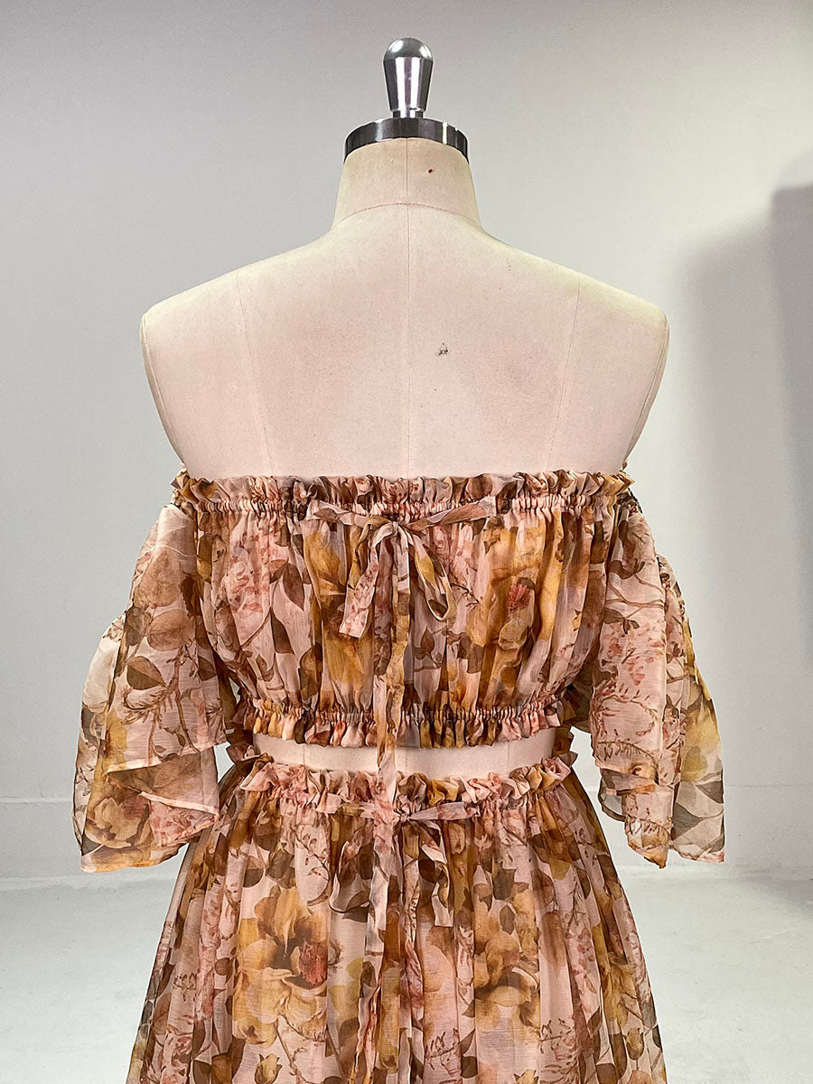 Close-up of chiffon floral print detail on photoshoot dress showing soft elegant fabric texture and pattern