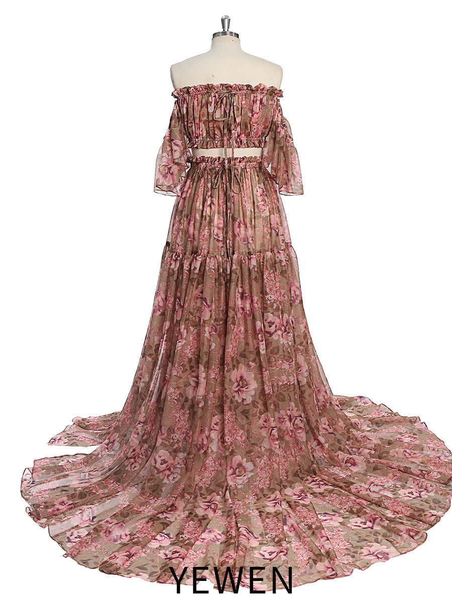 Back view of floral photoshoot dress chiffon print 2 piece set designed for women photo shoot styling