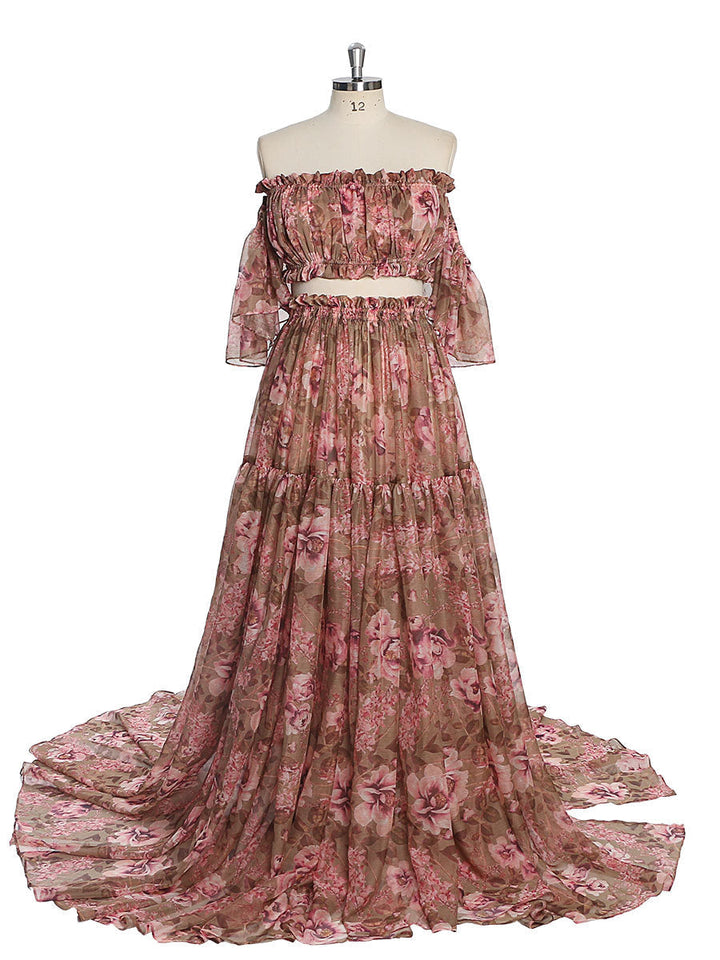 Full body view of floral photoshoot dress chiffon print 2 piece set designed for women photo shoot styling