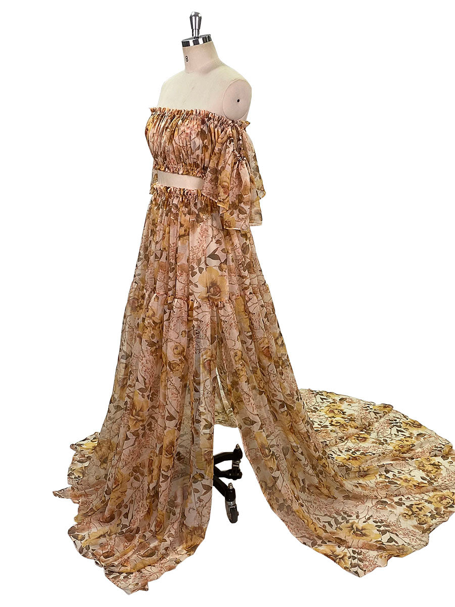 Side view of floral photoshoot dress showing flowing chiffon maxi skirt and two piece set styling