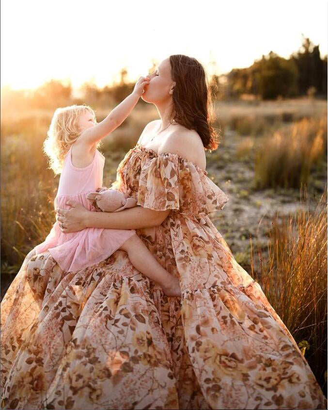 Elegant floral photoshoot dress styled in soft light for romantic editorial photography and portrait sessions