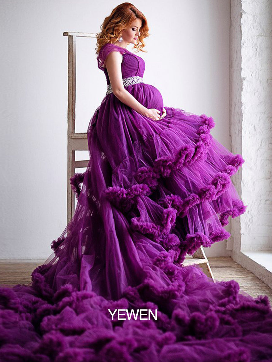 Front Open Ruffles Evening Dress Maternity Gowns for Photoshoot 12 / Custom Color Front Open Ruffles Evening Dress Maternity Gowns for Photoshoot 12 / Custom Color