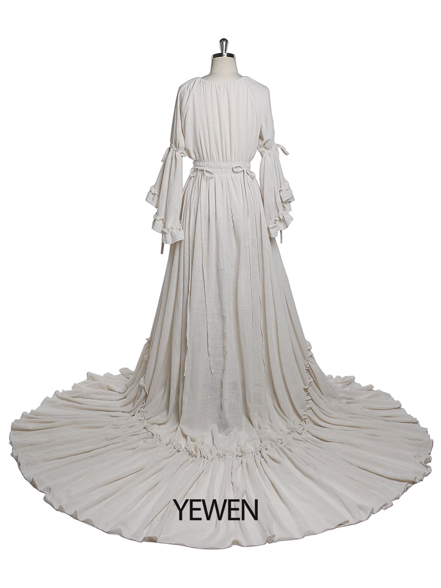 Back view of white photography dress designed for elegant baby shower and pregnancy photography