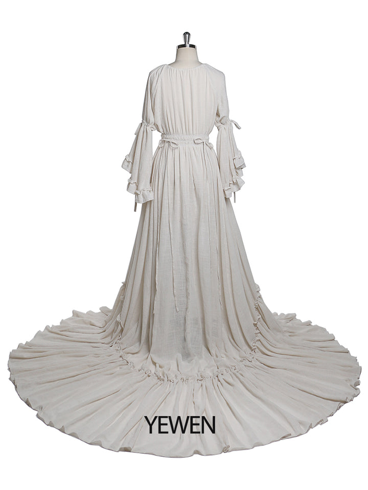Back view of white photography dress designed for elegant baby shower and pregnancy photography