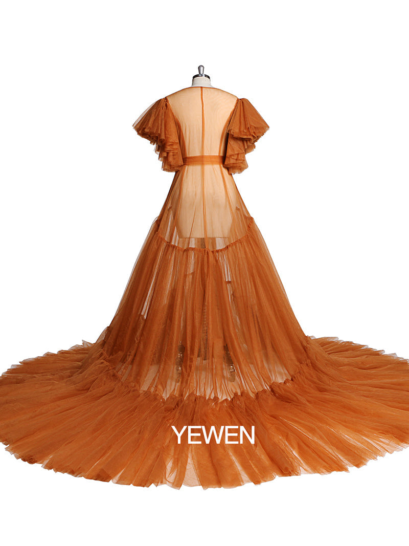 Back view of V-neck bow maternity dress designed for baby shower and photo shoot styling