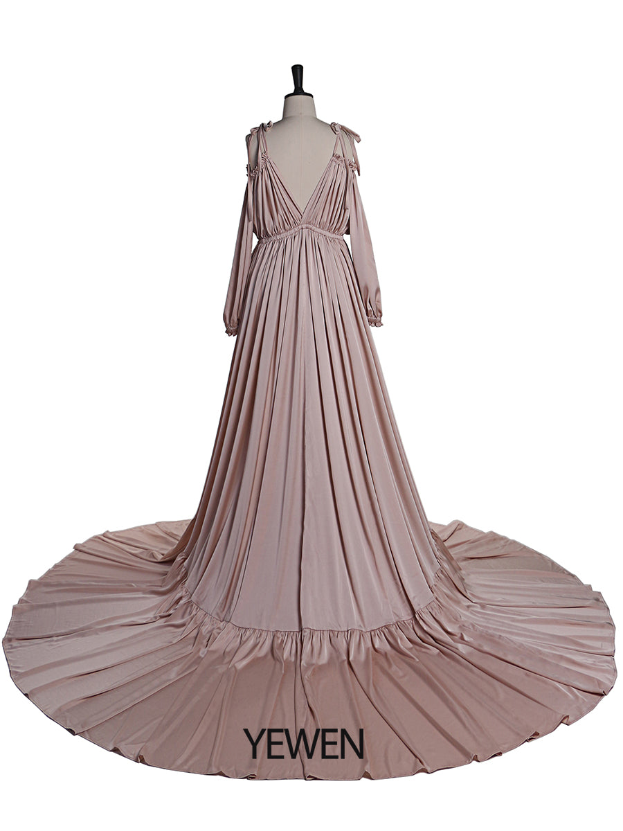 Back view of shoulderless maternity photoshoot dress designed for elegant evening pregnancy photography