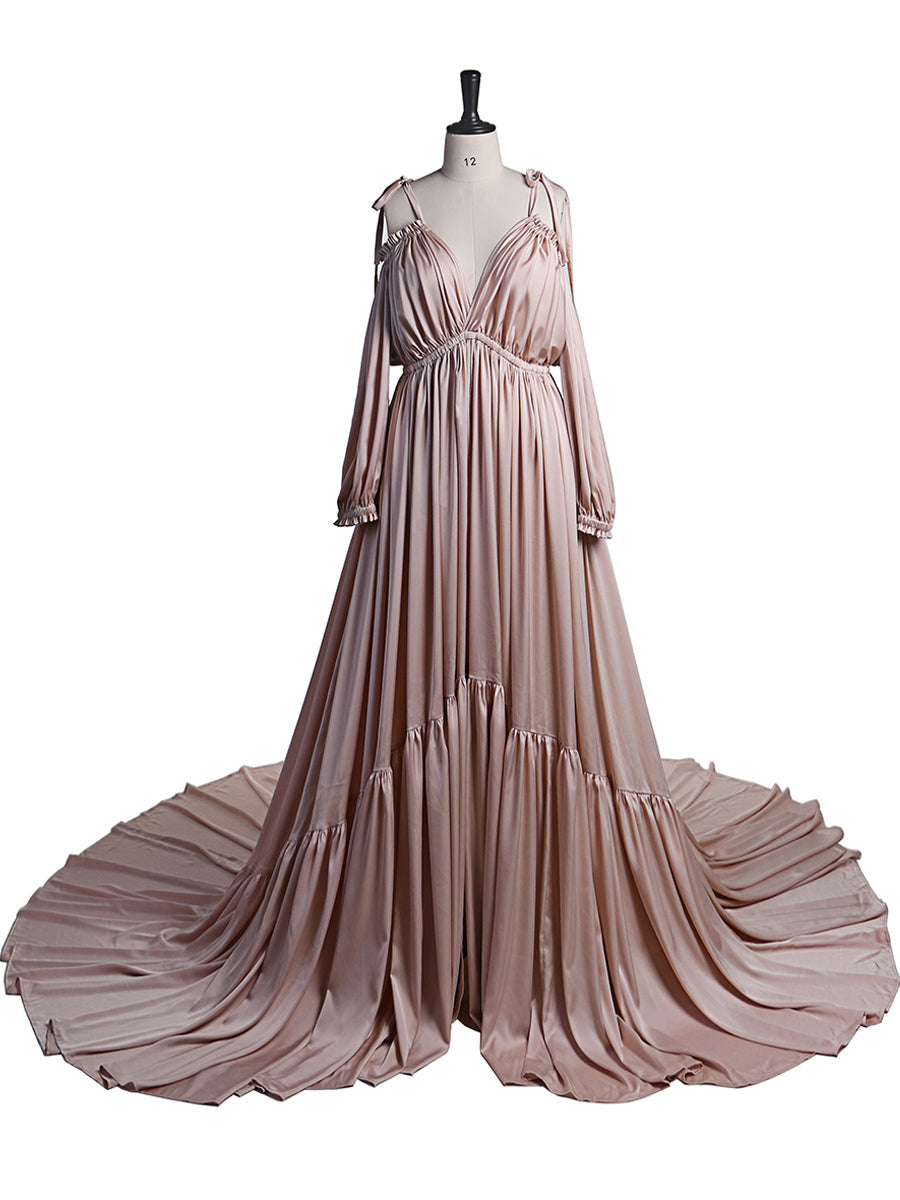 Front view of maternity photoshoot dress with elegant sexy evening maxi silhouette