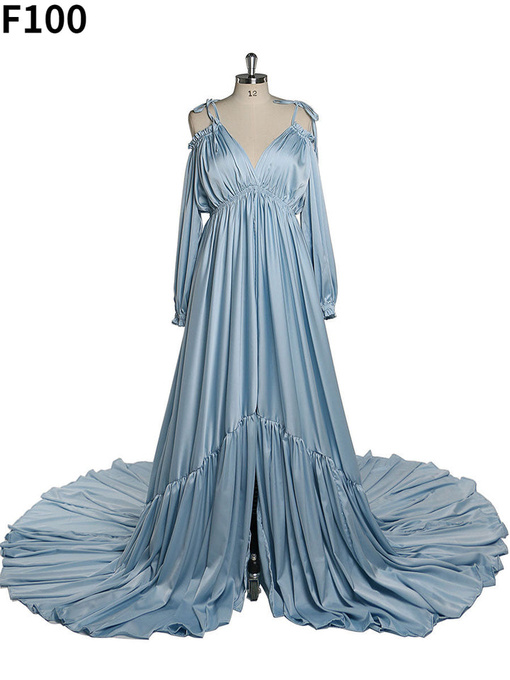 Front view of blue shoulderless maternity photoshoot dress with elegant sexy evening maxi silhouette