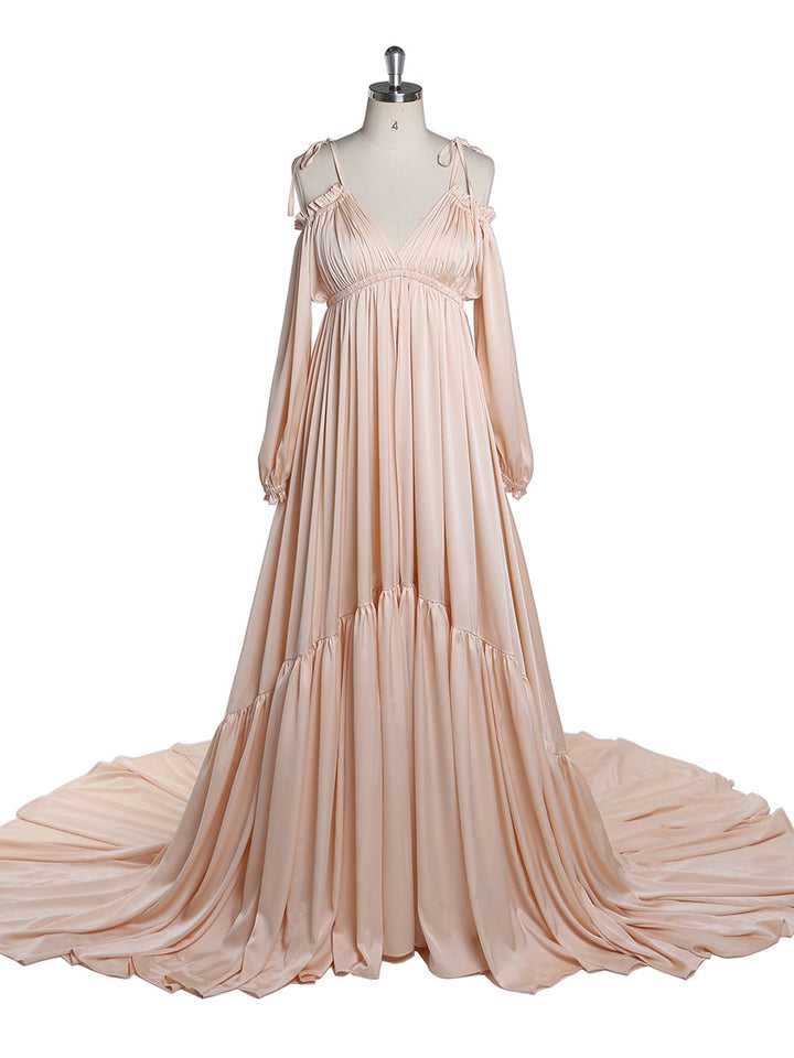 Front view of shoulderless maternity photoshoot dress with elegant sexy evening maxi silhouette