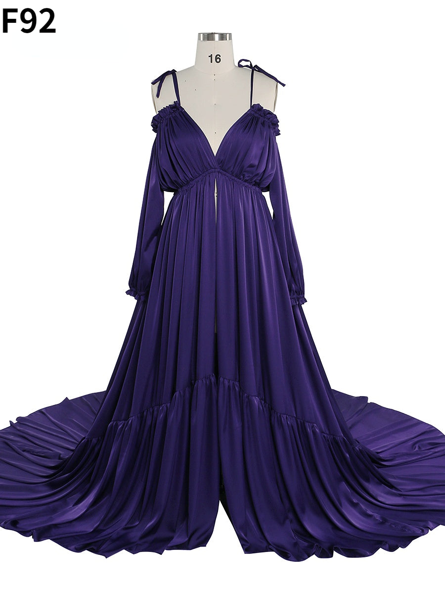 Front view of purple shoulderless maternity photoshoot dress with elegant sexy evening maxi silhouette