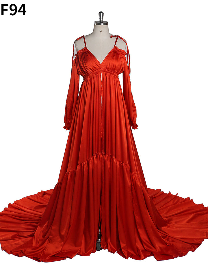 Front view of red shoulderless maternity photoshoot dress with evening maxi silhouette