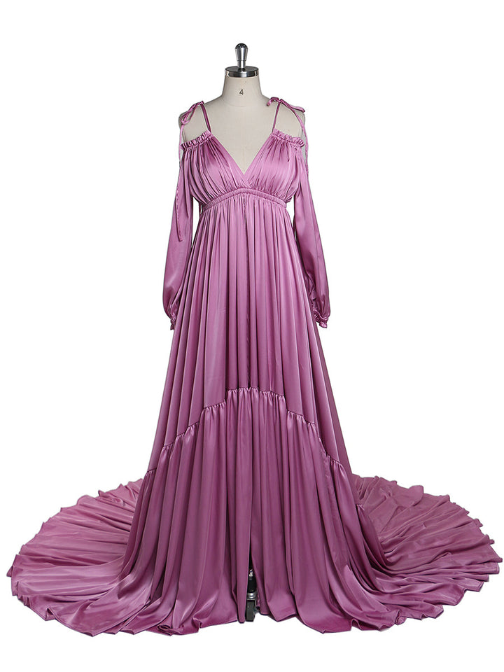 Front view of rose shoulderless maternity photoshoot dress with elegant sexy evening maxi silhouette