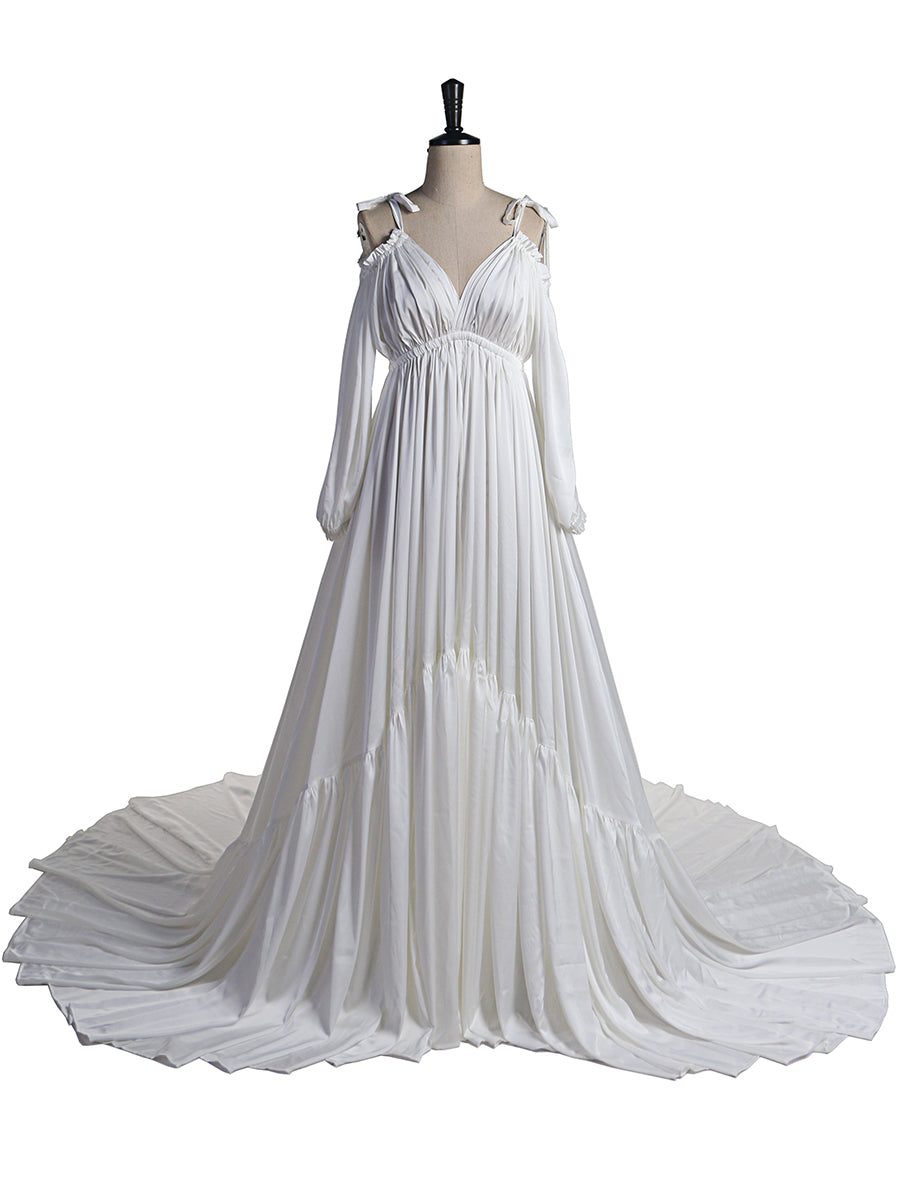 Front view of white shoulderless maternity photoshoot dress with elegant sexy maxi silhouette