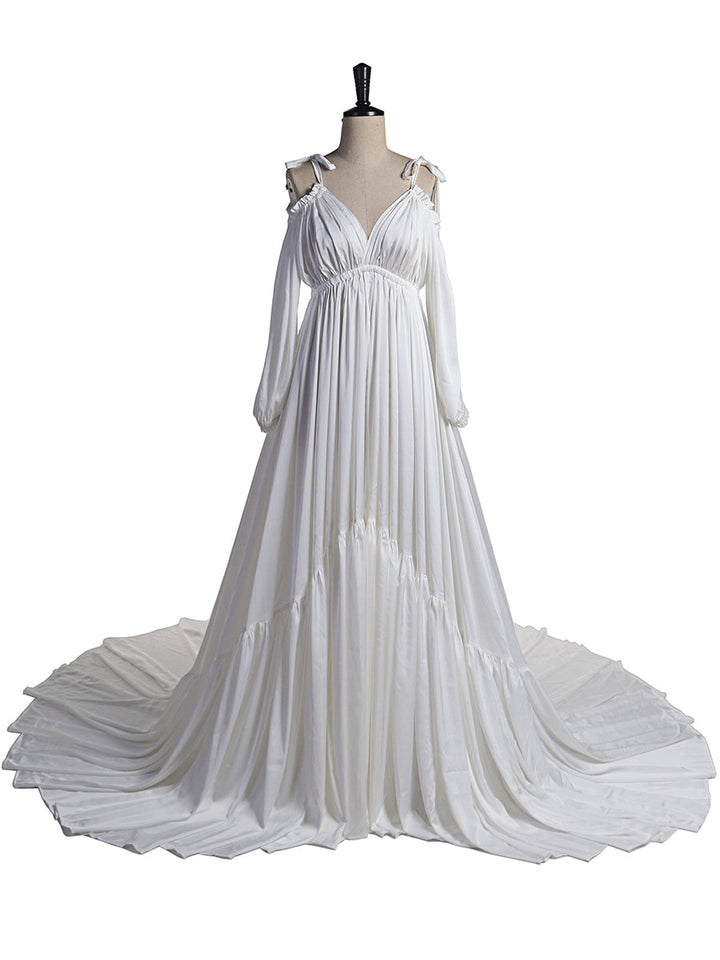 Front view of white shoulderless maternity photoshoot dress with elegant sexy maxi silhouette