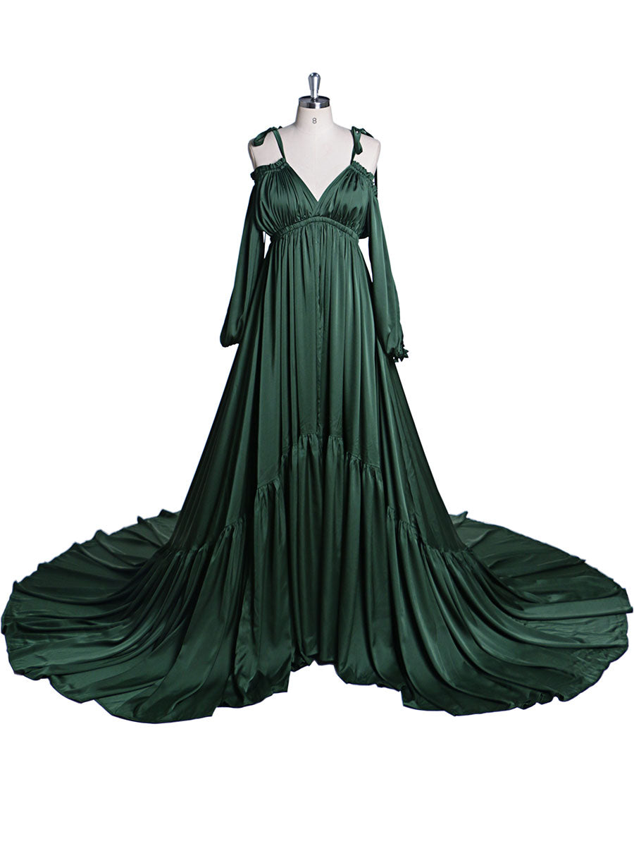 Front view of green shoulderless maternity photoshoot dress with elegant sexy evening maxi silhouette