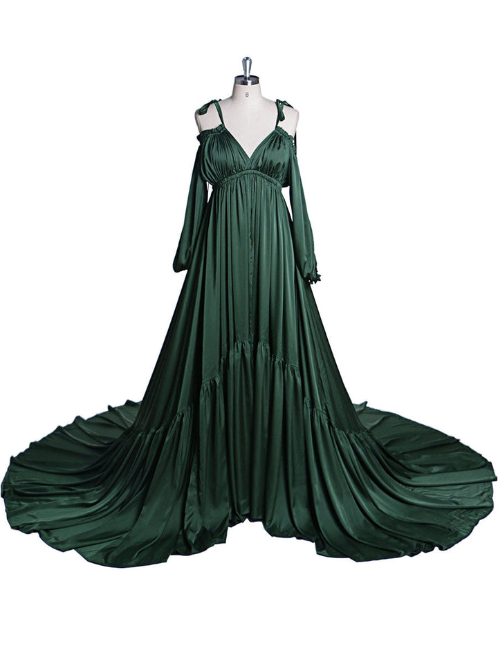 Front view of green shoulderless maternity photoshoot dress with elegant sexy evening maxi silhouette
