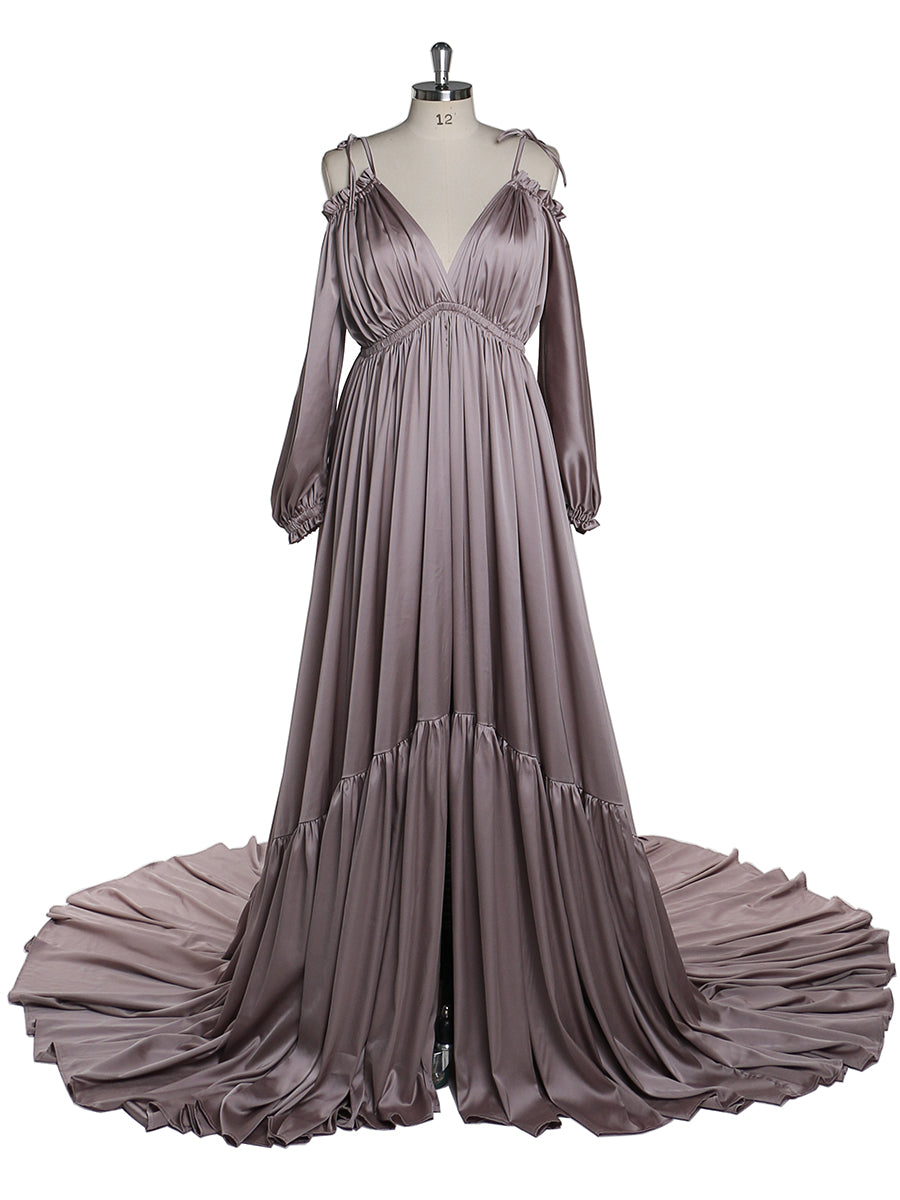 Front view of purple shoulderless maternity photoshoot dress with elegant sexy evening maxi silhouette
