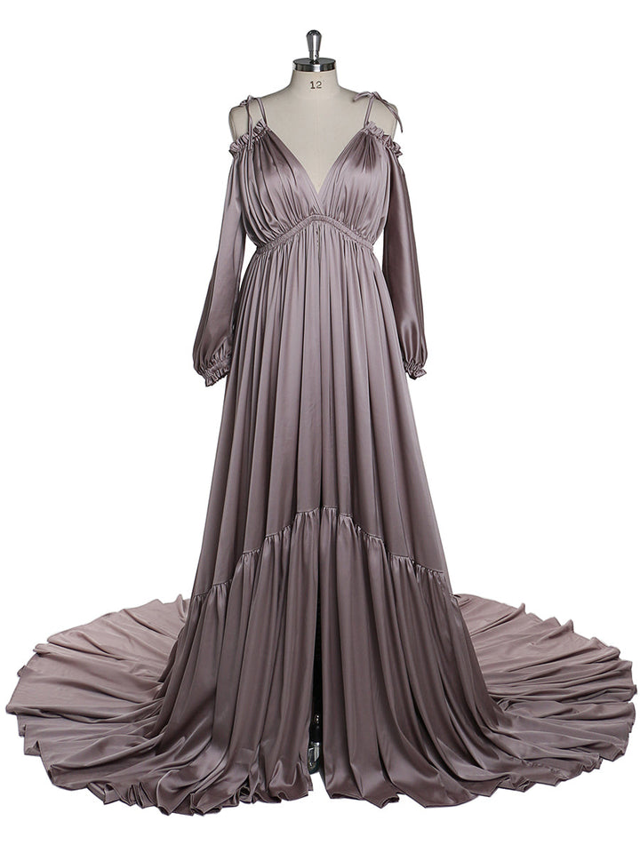 Front view of purple shoulderless maternity photoshoot dress with elegant sexy evening maxi silhouette