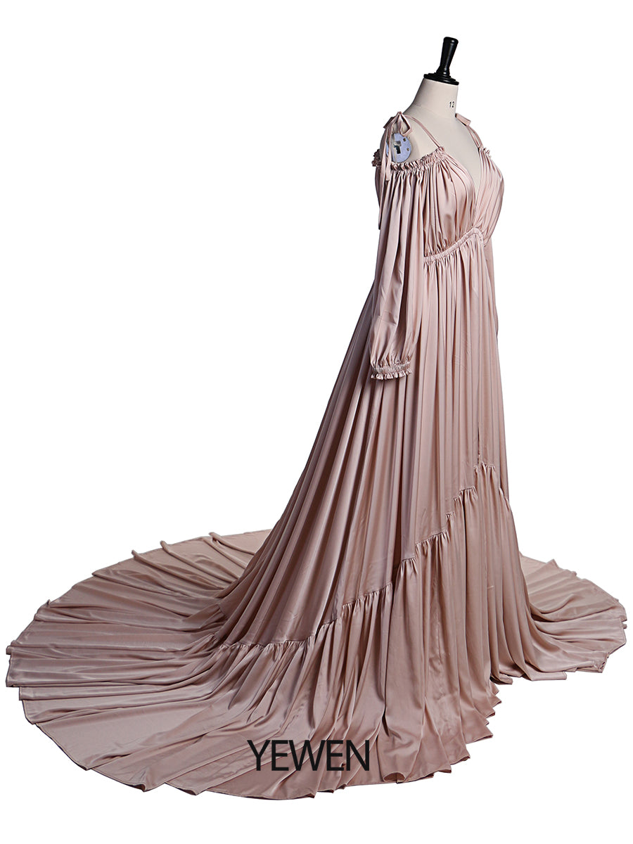 Side view of shoulderless maternity photoshoot dress showing flowing elegant maxi gown for photography