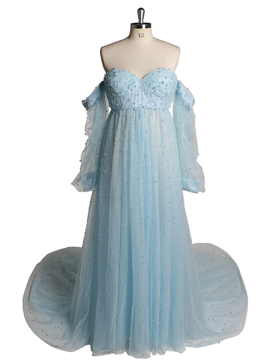 Off Shoulder Pearls High Quality Ivory Long Sleeves Open Front Maternity Gown Prom Dresses Yewen 22W-24W / Paleblue
