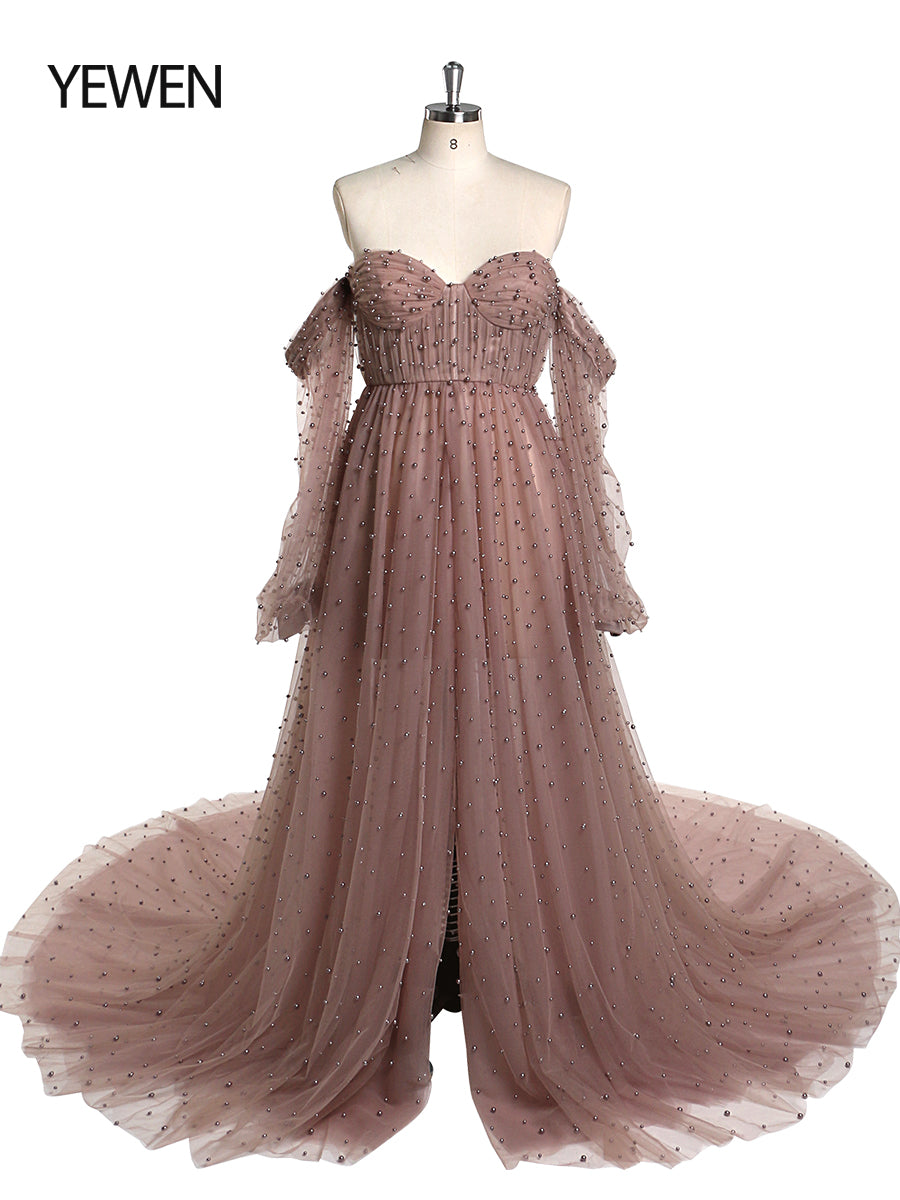 Front view of brown maternity photoshoot gown with open front design and elegant pearl detailing