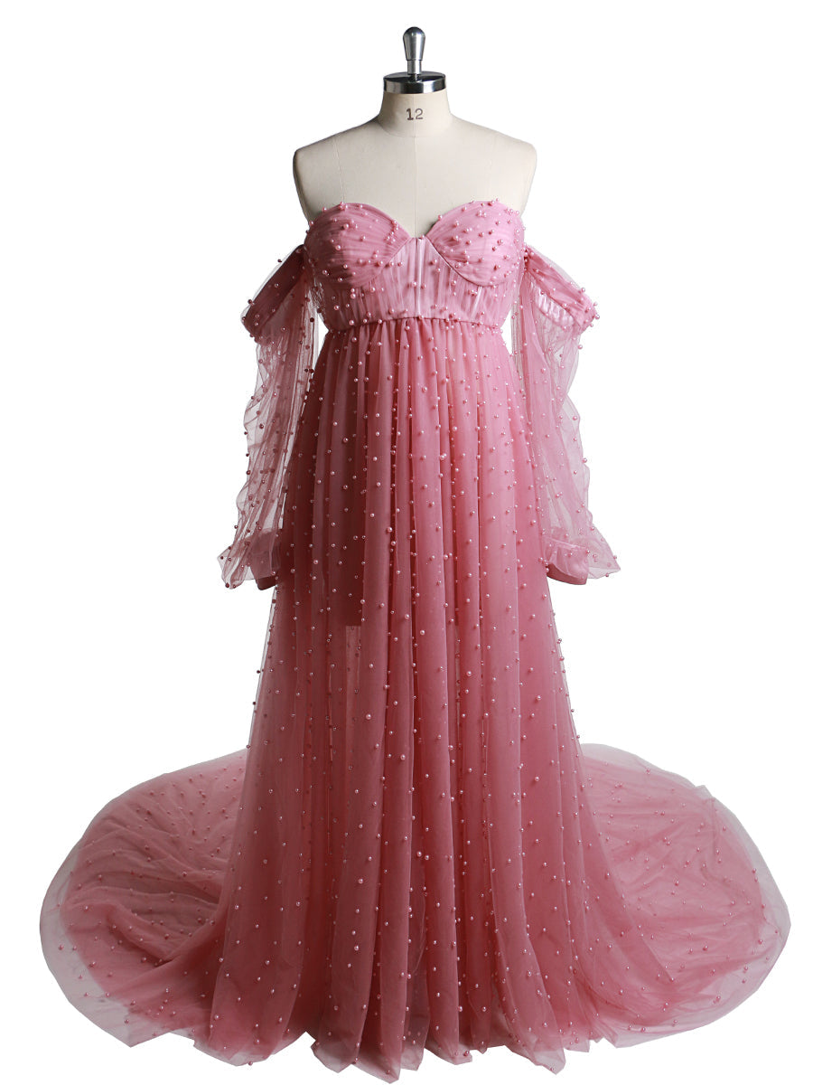 Front view of rose maternity photoshoot gown with open front design and elegant pearl detailing