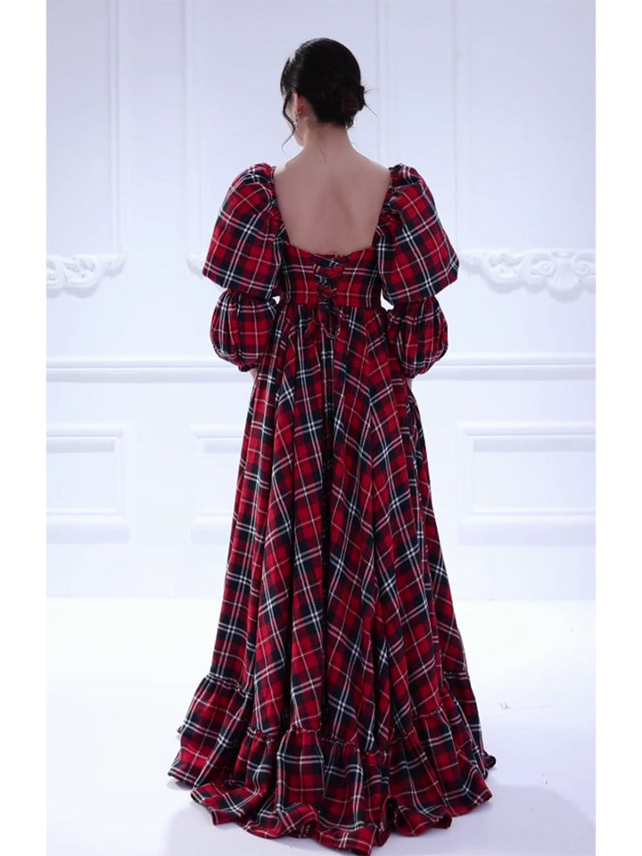 Back view of maxi dress featuring vintage plaid style for holiday events and photo shoot sessions
