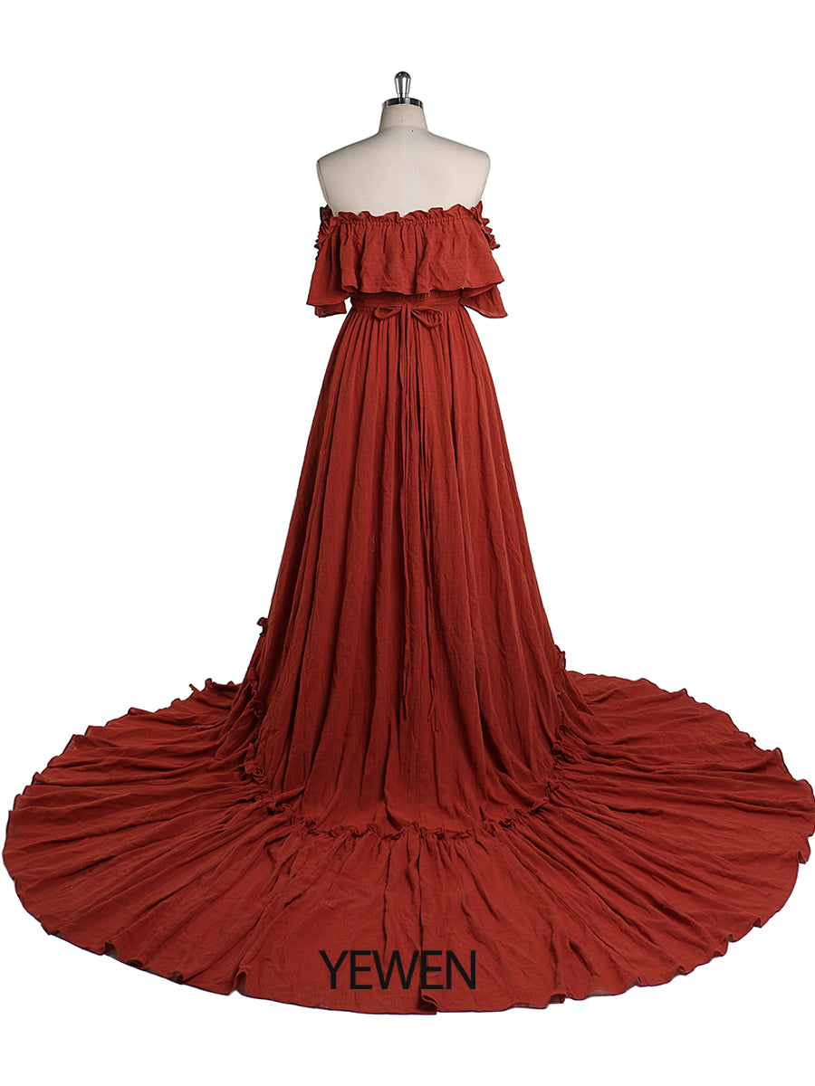 Back view of burgundy off shoulder maternity dress for photo shoot designed for elegant baby shower photography