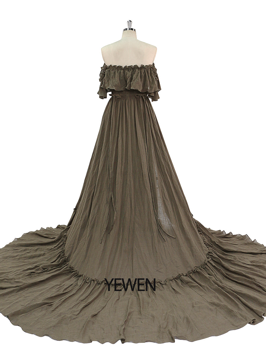 Back view of dark grey off shoulder maternity dress for photo shoot designed for elegant baby shower photography