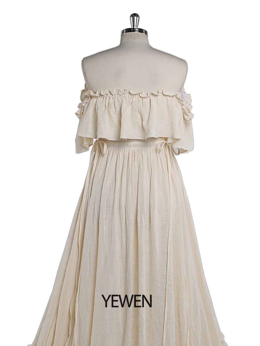 Back view of off shoulder maternity dress for photo shoot designed for baby shower photography
