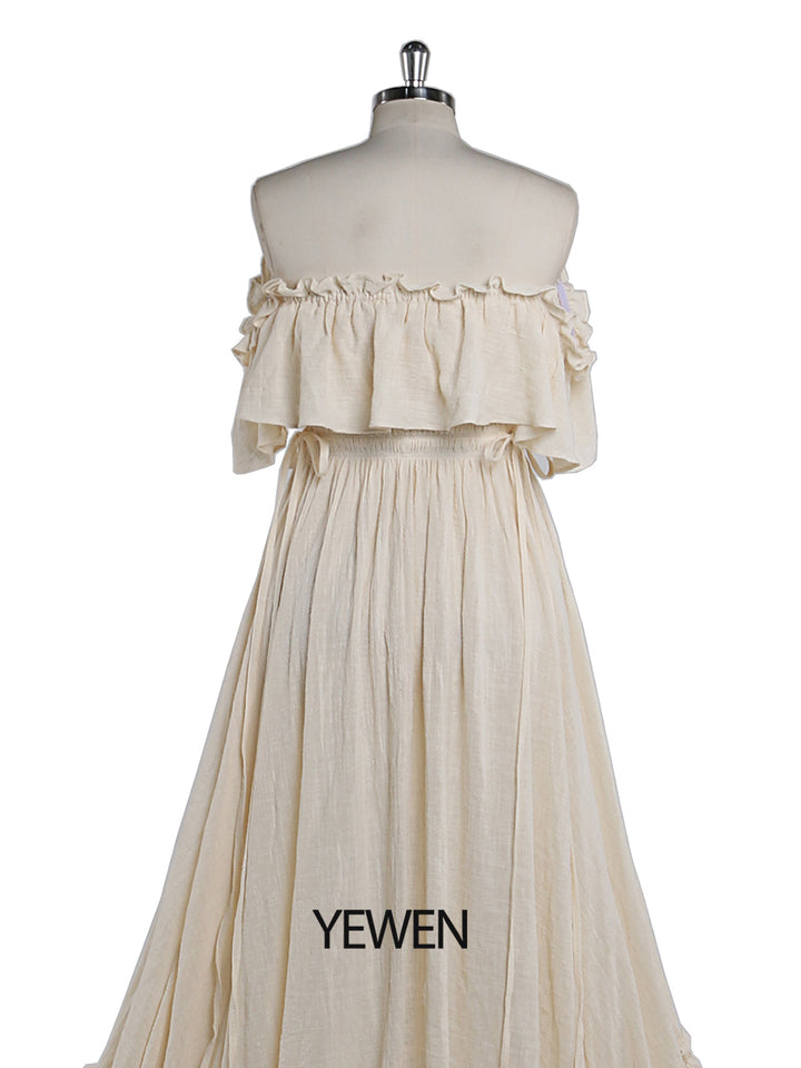 Back view of off shoulder maternity dress for photo shoot designed for baby shower photography