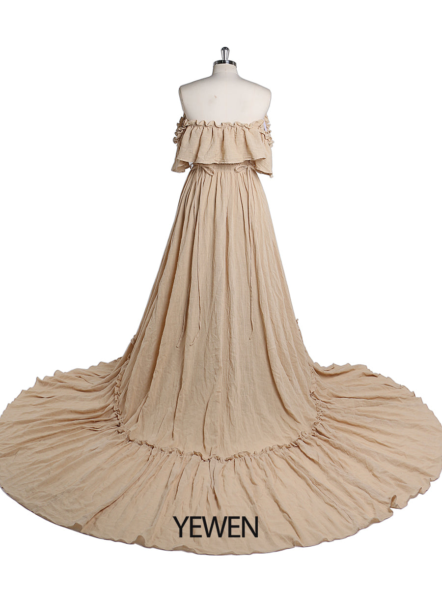 Back view of kahaki off shoulder maternity dress for photo shoot designed for elegant baby shower photography