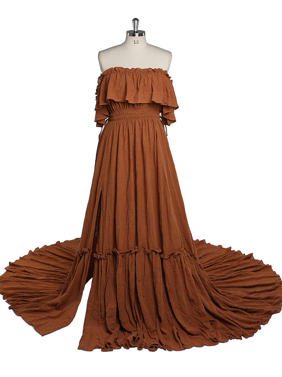 Back view of rust off shoulder maternity dress for photo shoot designed for elegant baby shower photography