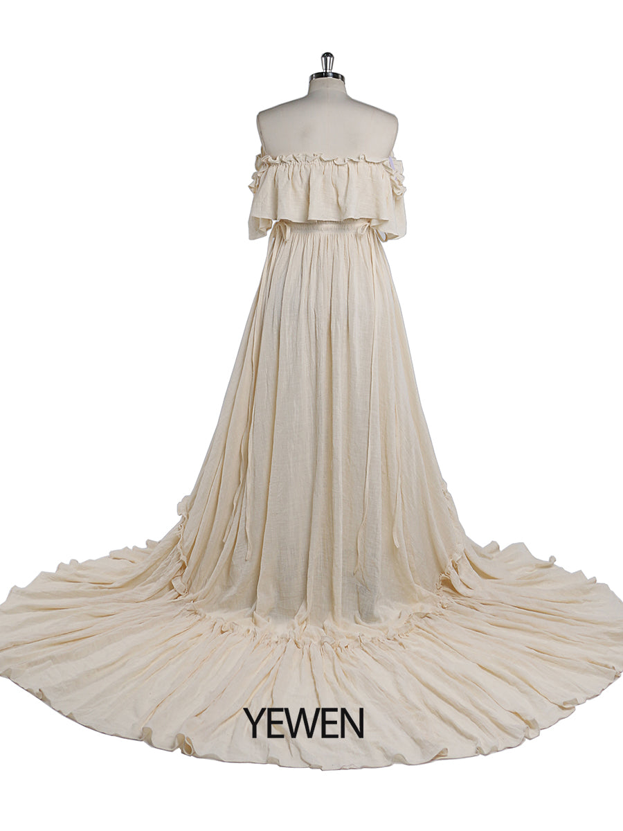 Back view of off shoulder maternity dress for photo shoot designed for elegant baby shower photography
