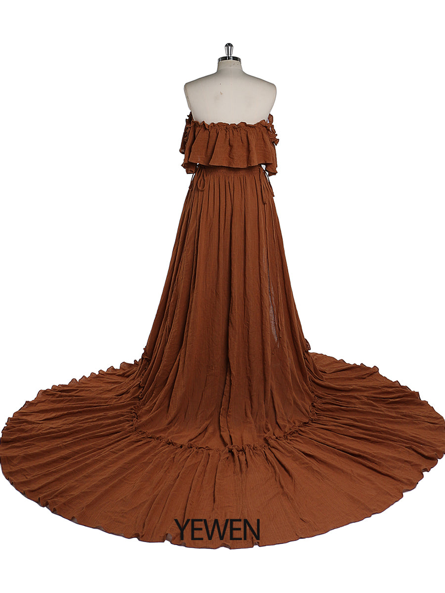 Back view of rust off shoulder maternity dress for photo shoot designed for elegant baby shower photography
