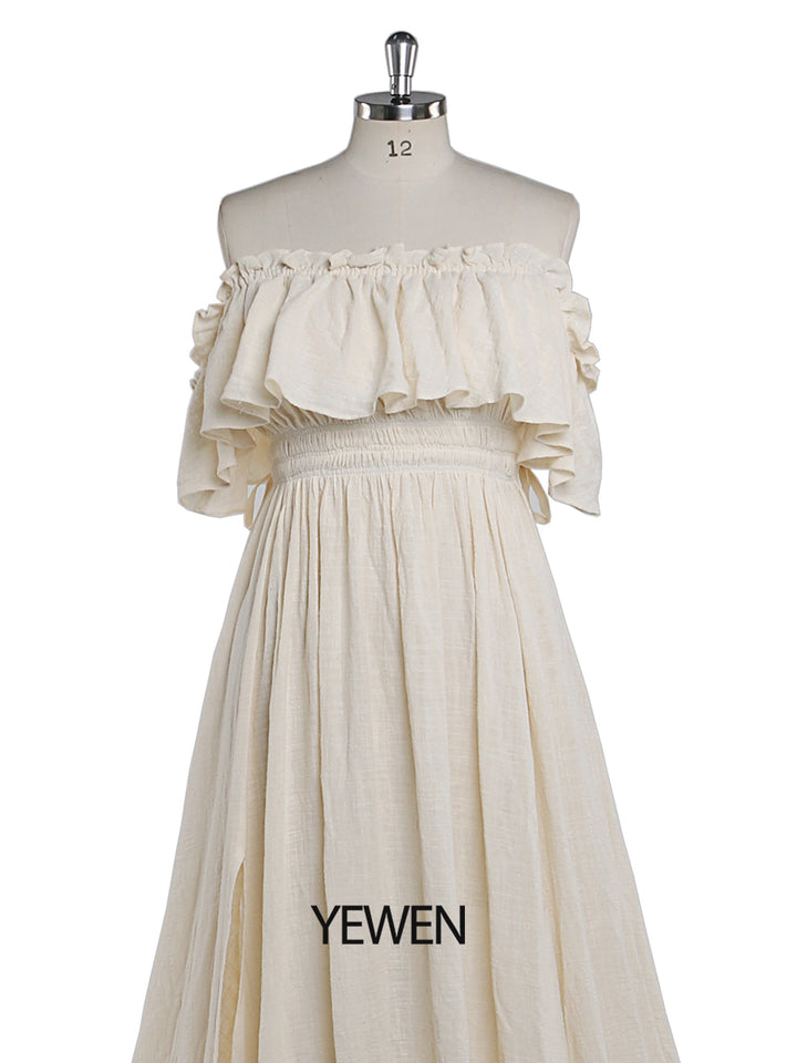 Front view of off shoulder maternity dress for photo shoot with adjustable waist and maxi silhouette
