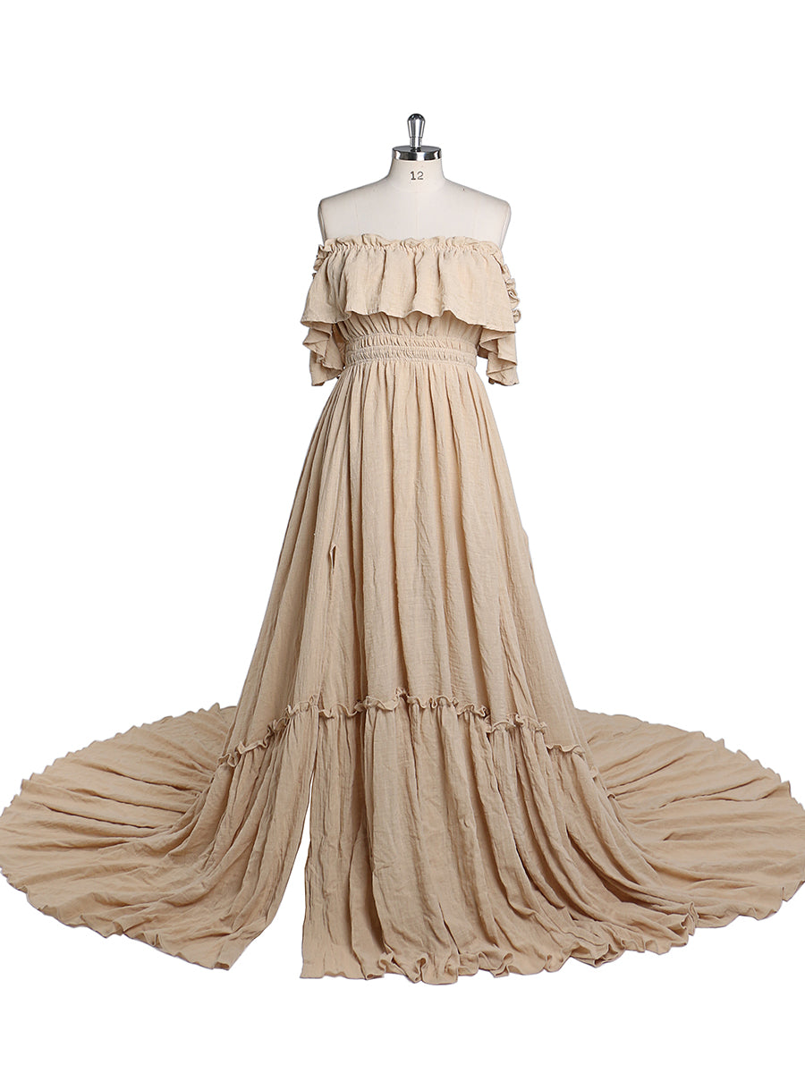 Front view of kahaki off shoulder maternity dress for photo shoot with adjustable waist and elegant maxi silhouette