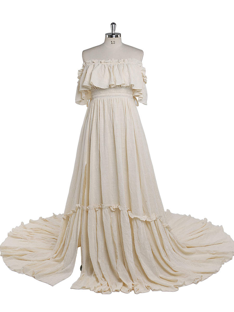 Front view of off shoulder maternity dress for photo shoot with adjustable waist and elegant maxi silhouette