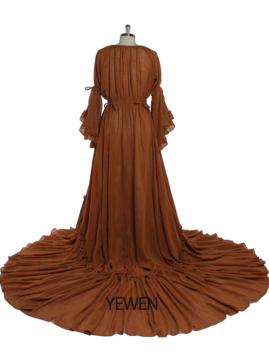 Back view of brown photography dress designed for elegant baby shower and pregnancy photography