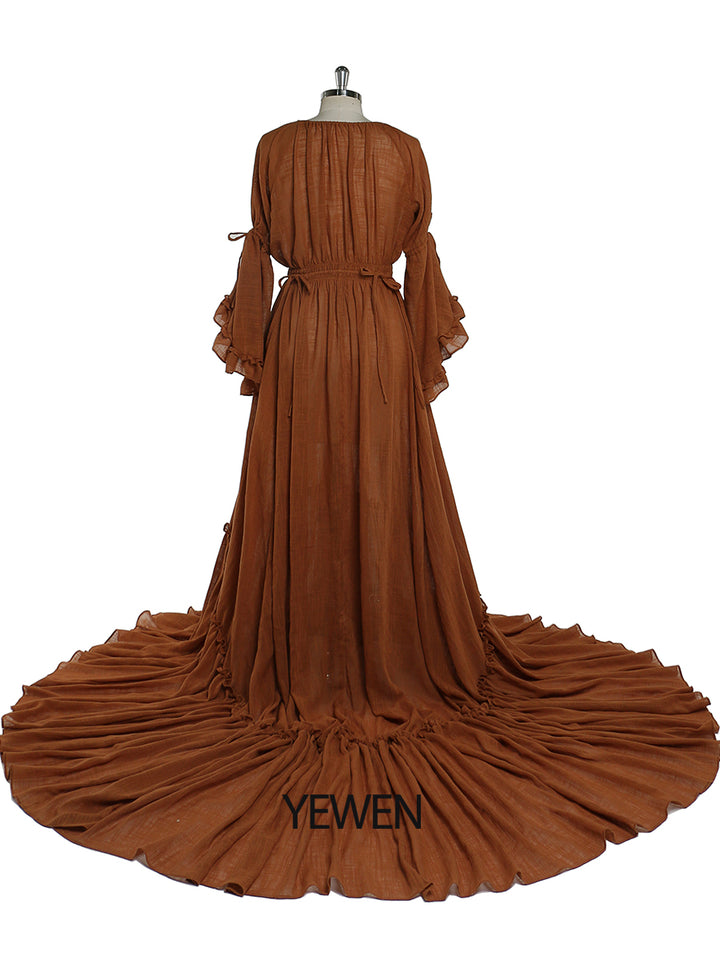 Back view of brown photography dress designed for elegant baby shower and pregnancy photography
