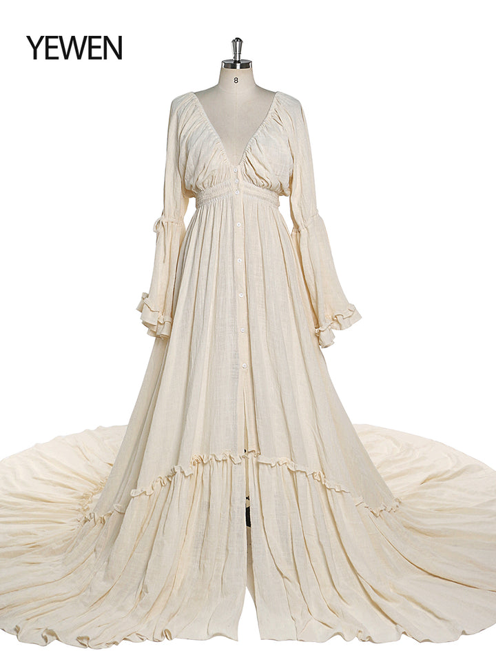 Full body view of photography dress with V neck design for maternity and baby shower photoshoot