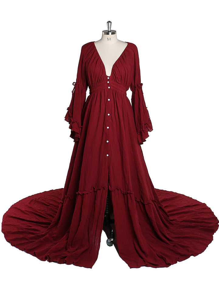 Elegant burgundy V neck photography dress designed for evening maternity and baby shower photoshoots by YEWEN