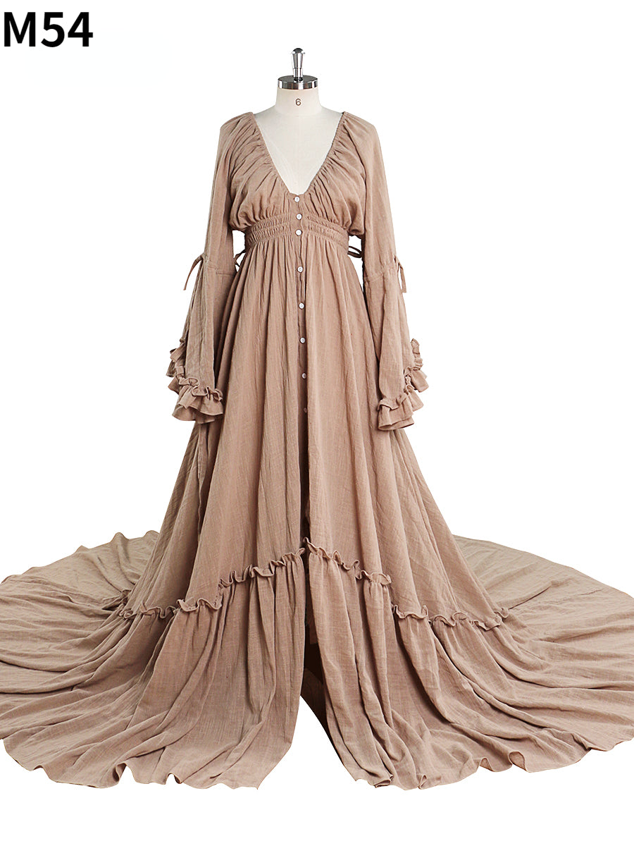 Elegant light brown V neck photography dress designed for evening maternity and baby shower photoshoots by YEWEN