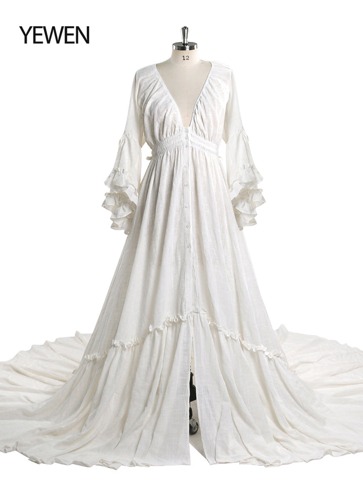 Elegant white V neck photography dress designed for evening maternity and baby shower photoshoots by YEWEN