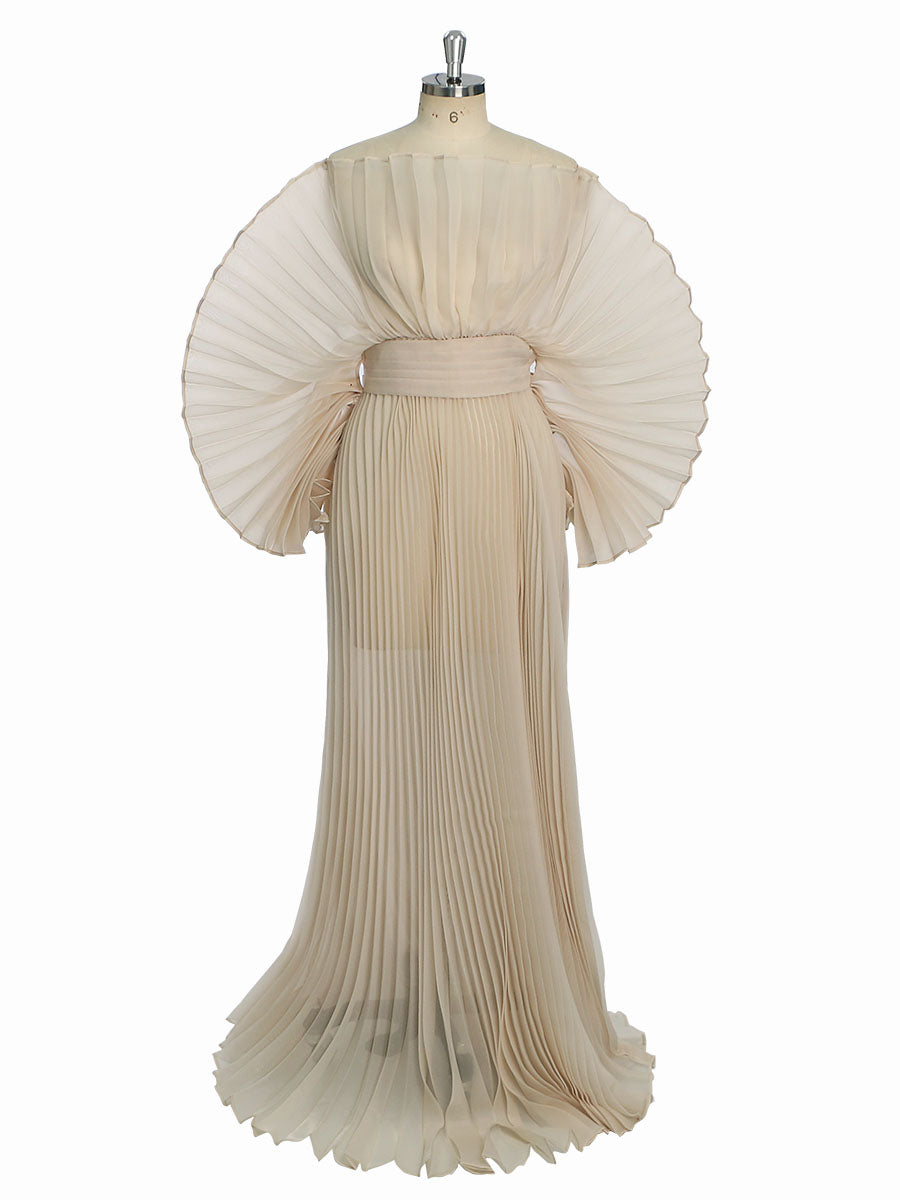 Elegant kahaki pleated maternity photoshoot dress designed for luxury pregnancy photography and baby shower sessions