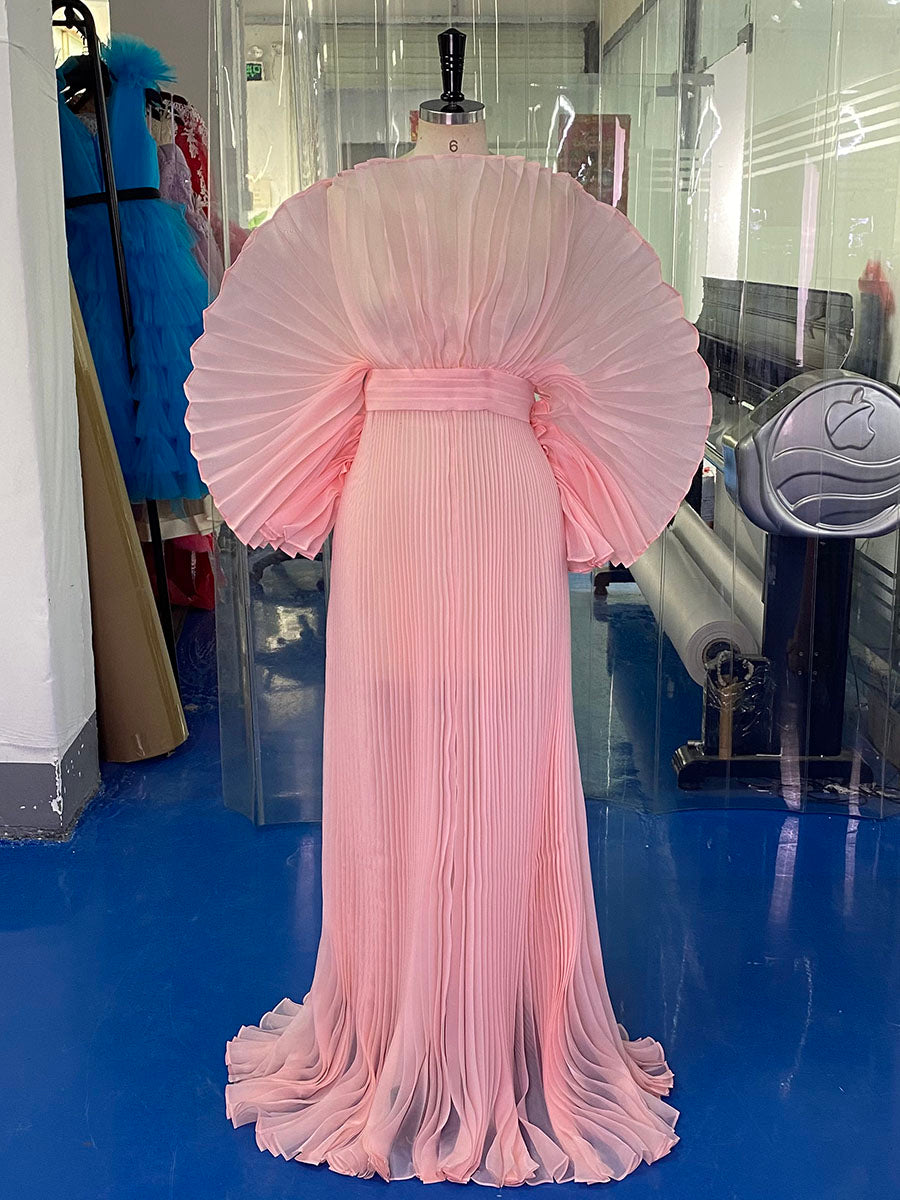 Elegant pink organza pleated maternity photoshoot dress designed for luxury pregnancy photography and baby shower sessions