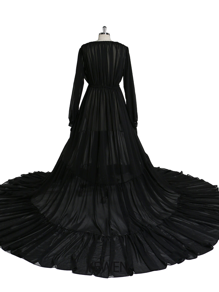Back view of chiffon black plus size maternity photoshoot dress designed for elegant baby shower and pregnancy photography