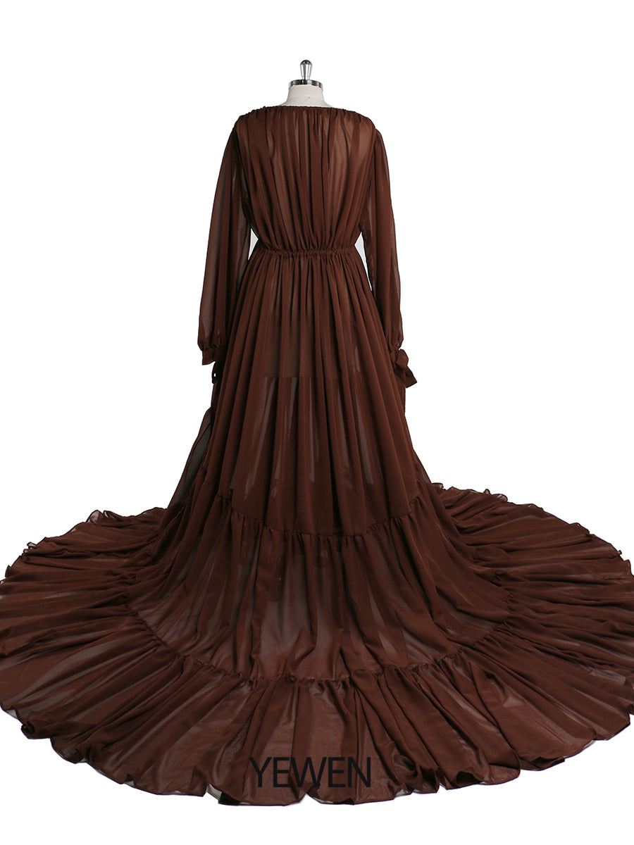 Back view of chiffon brown plus size maternity photoshoot dress designed for elegant baby shower and pregnancy photography